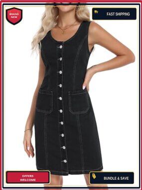 Women's Denim Dress Sleeveless Crewneck Button Down Jean Dress with Patch Pocket